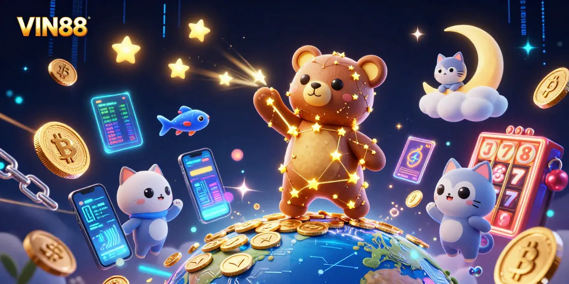 Spin to win with VIN88, featuring a constellation bear and vibrant slot symbols