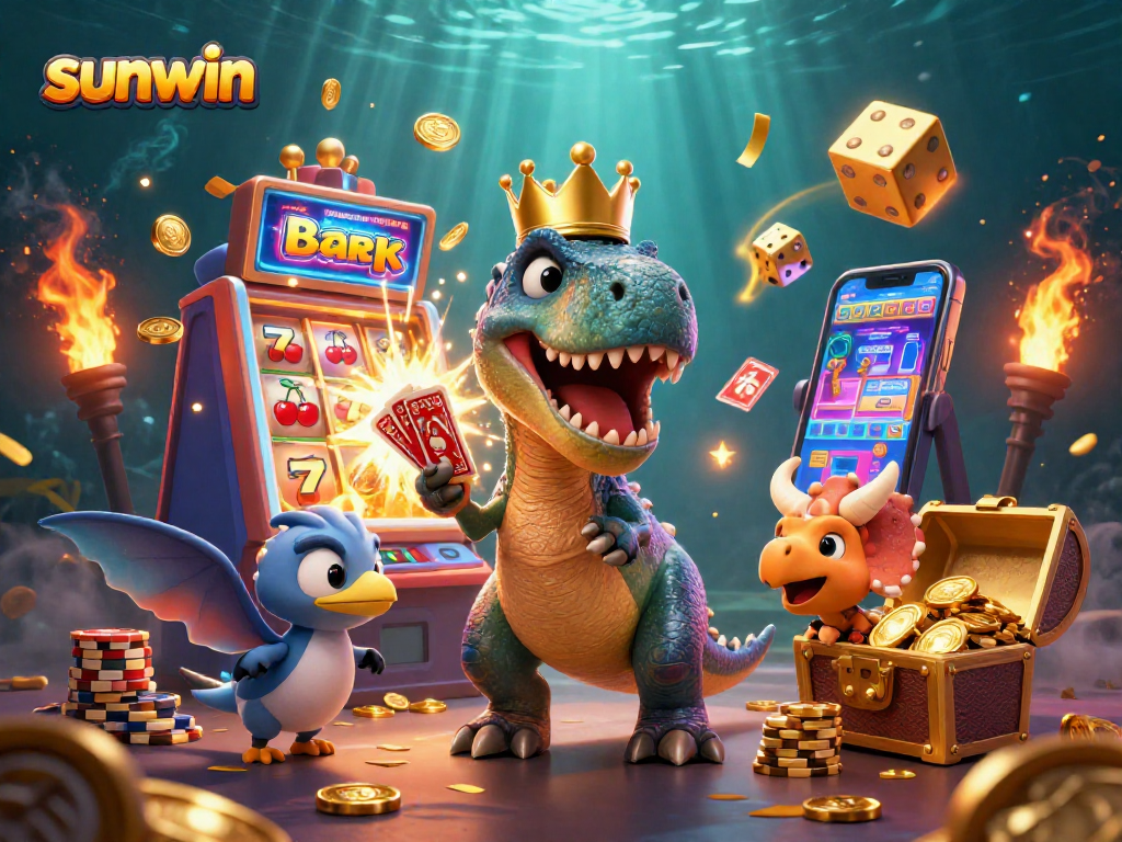 Sunwin showcases a vibrant 3D T-Rex and friends enjoying a dynamic casino scene full of slots and treasures.