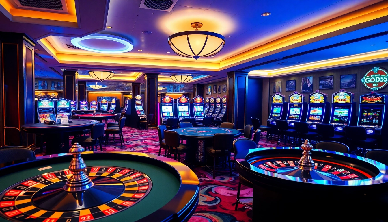 Gambling excitement at GOD55 casino with vibrant tables and luxury ambiance.
