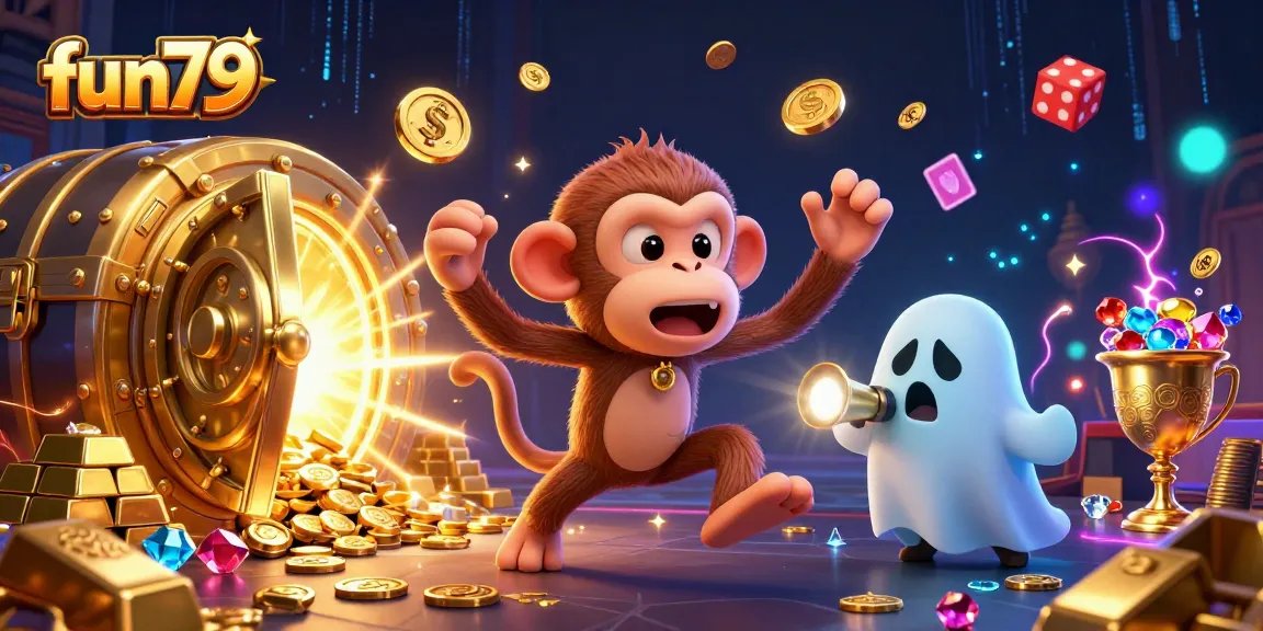 Experience fun79 with a mischievous monkey juggling golden casino treasures in a haunted scene.