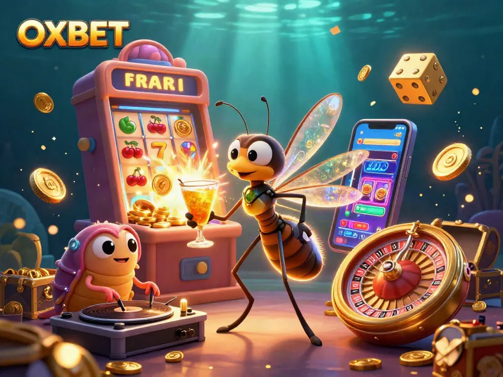 Experience the thrill of OXBET with animated characters representing a lively casino scene of games and jackpots.