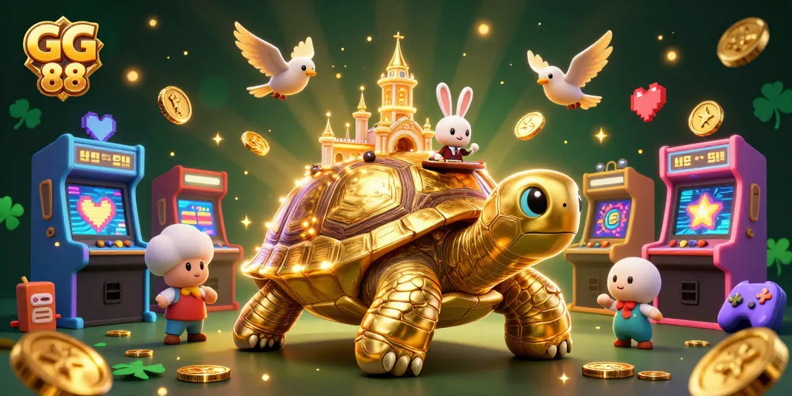 Win big at GG 88 with a vibrant scene featuring a tortoise casino, rabbit dealer, and flying coins.