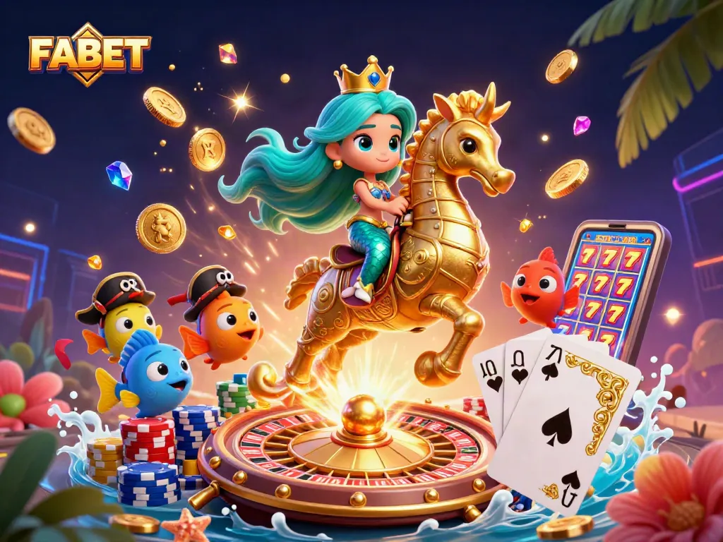 FABET casino art featuring a mermaid, seahorse, and colorful fish amidst golden coins and cards