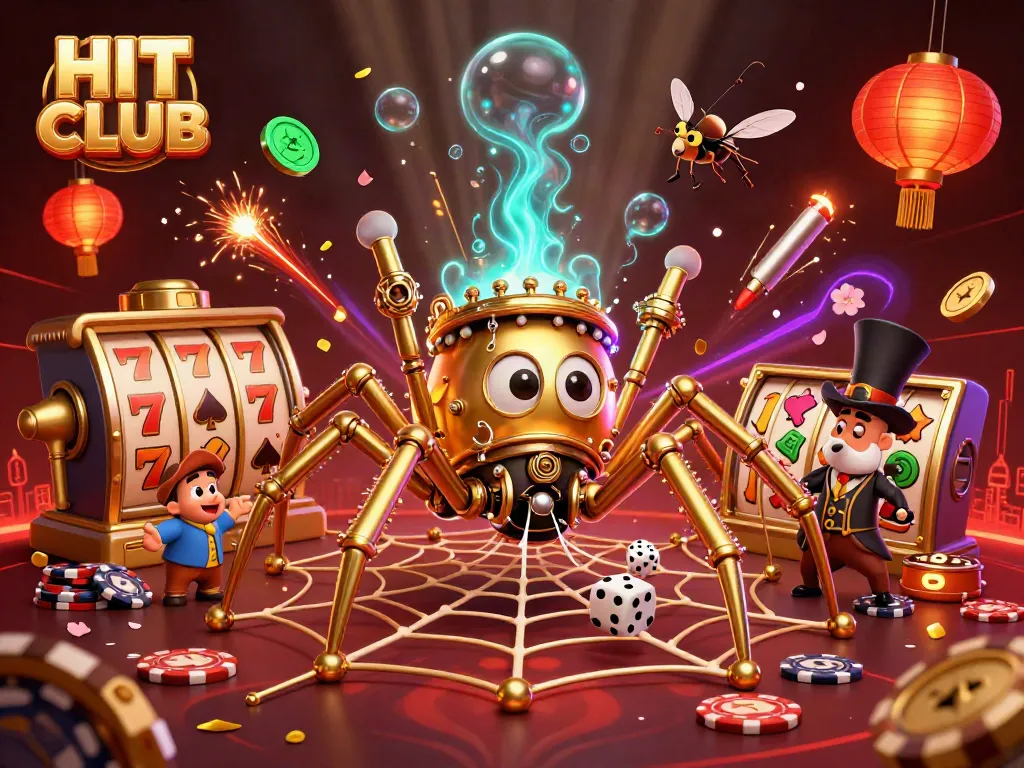 Experience the excitement of HIT CLUB as the golden spider catches lucky dice in a dynamic 3D casino scene.
