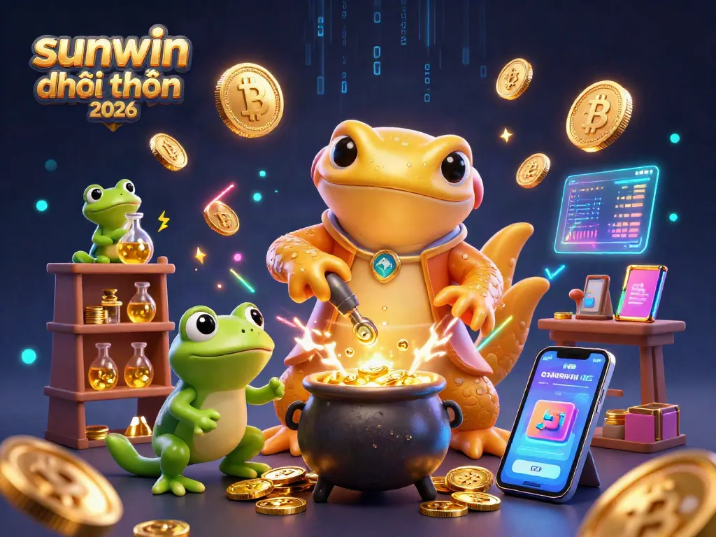 Win big with sunwin đổi thưởng 2026: golden alchemist scene filled with crypto elements.