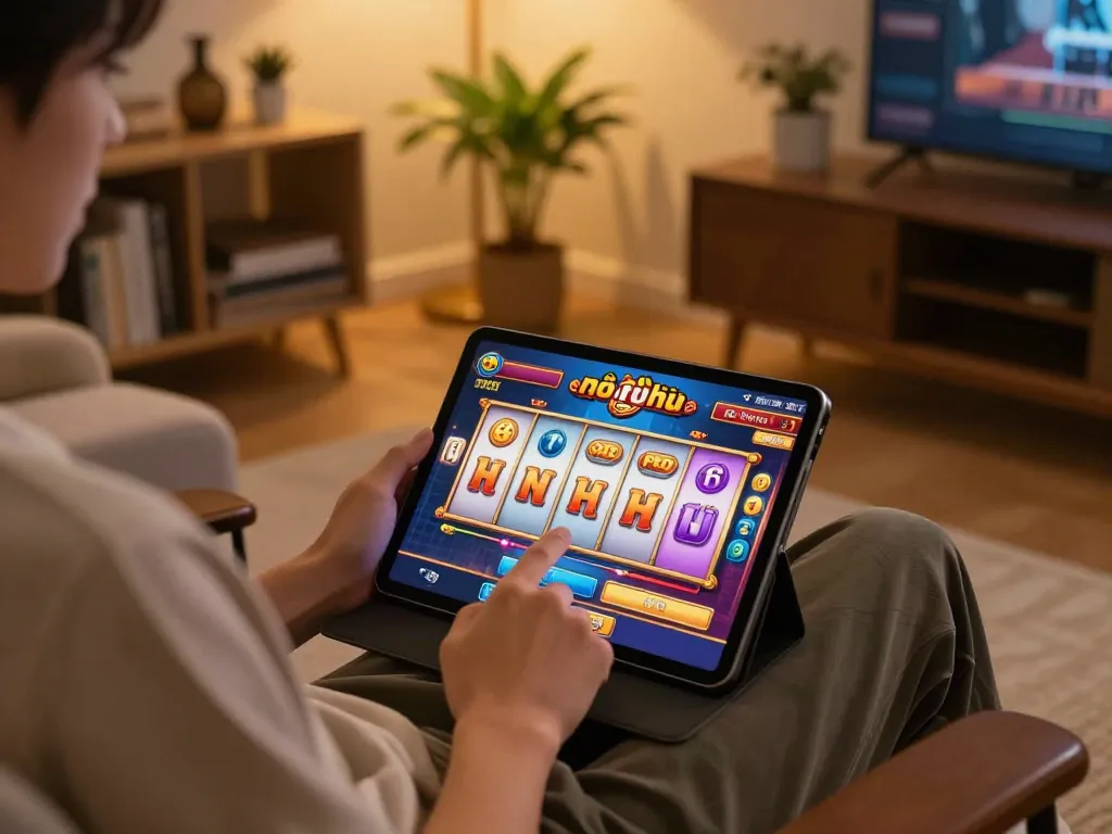 Engaging with an online nổ hũ game on a tablet, excited anticipation of jackpots.