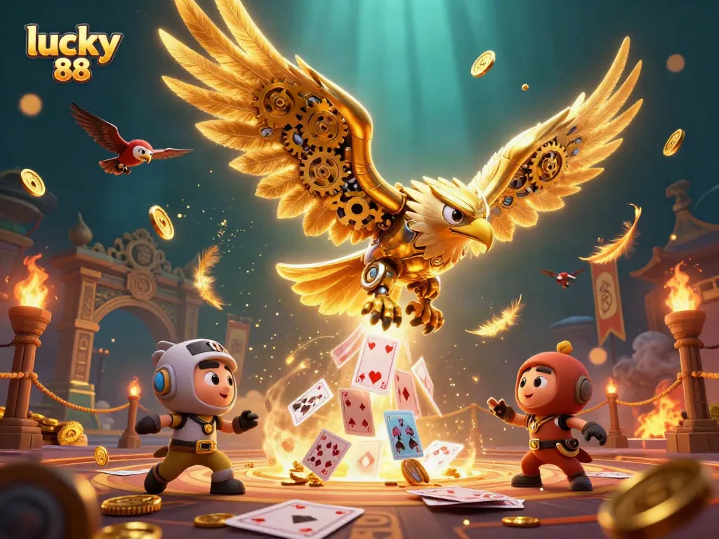 Experience the excitement of lucky 88 with a cybernetic eagle soaring through vibrant casino elements and holographic cards.