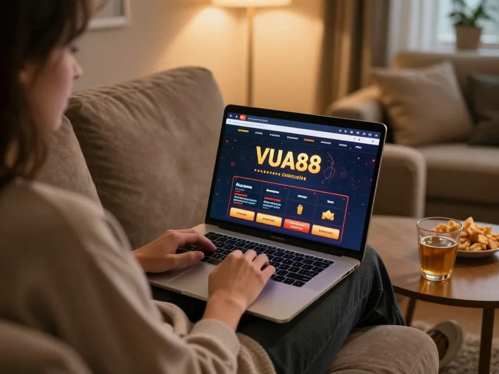 Enjoying an online gaming session at VUA88 with a laptop and snacks