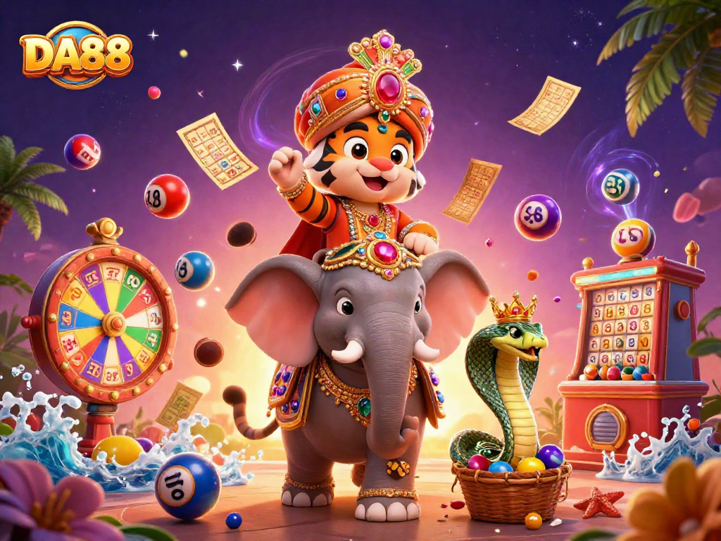 Engage with DA88's vibrant lottery adventure featuring a royal elephant, tiger, and festive elements.