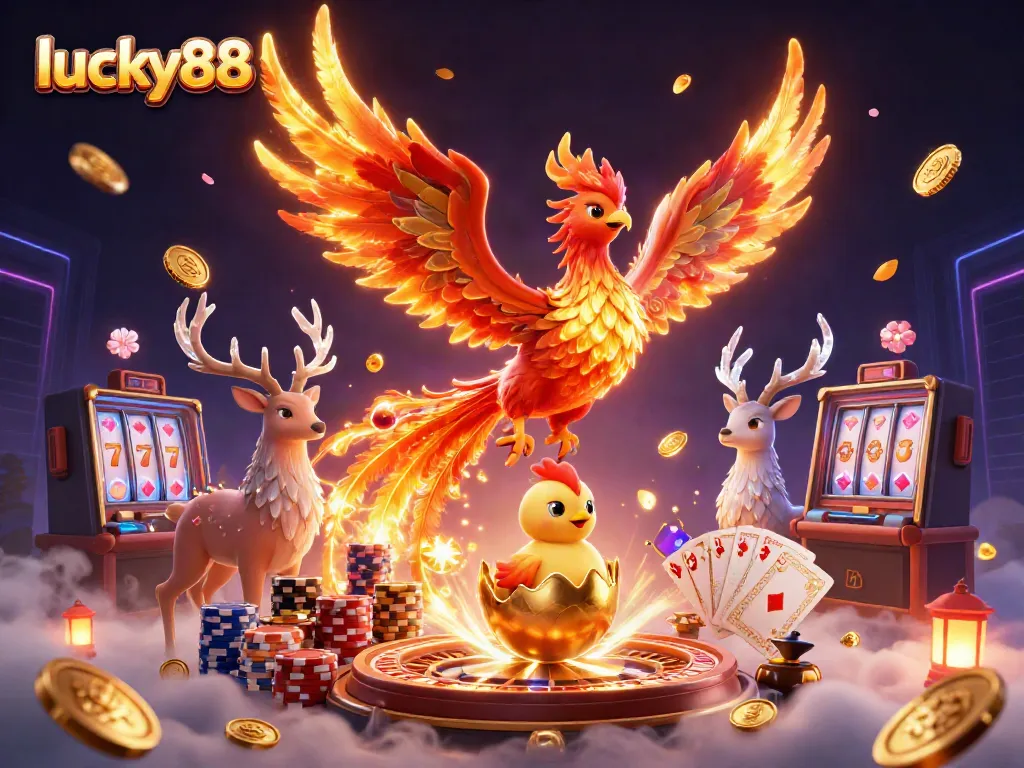 Experience thrilling jackpots with lucky88 in this 3D casino illustration filled with excitement and vibrant colors.