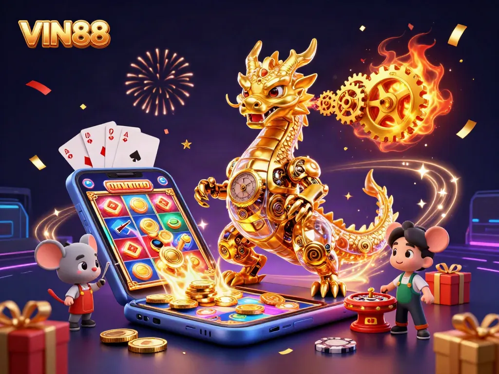 Engage with VIN88's vibrant casino experience featuring a golden dragon and interactive games.