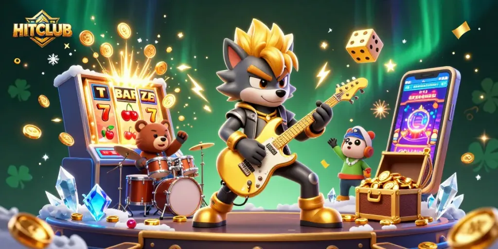 Experience the excitement of HITCLUB with a 3D illustration featuring a rock star wolf and treasure.