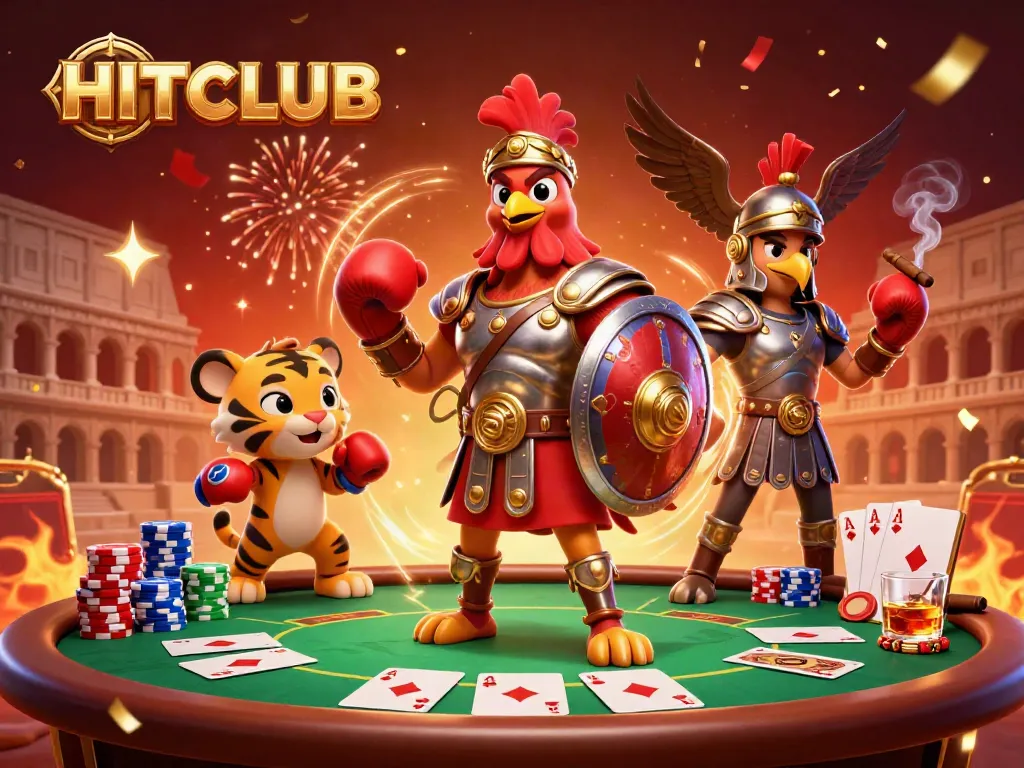 Engage with HITCLUB's thrilling casino experience featuring a dynamic battle between characters and poker elements.
