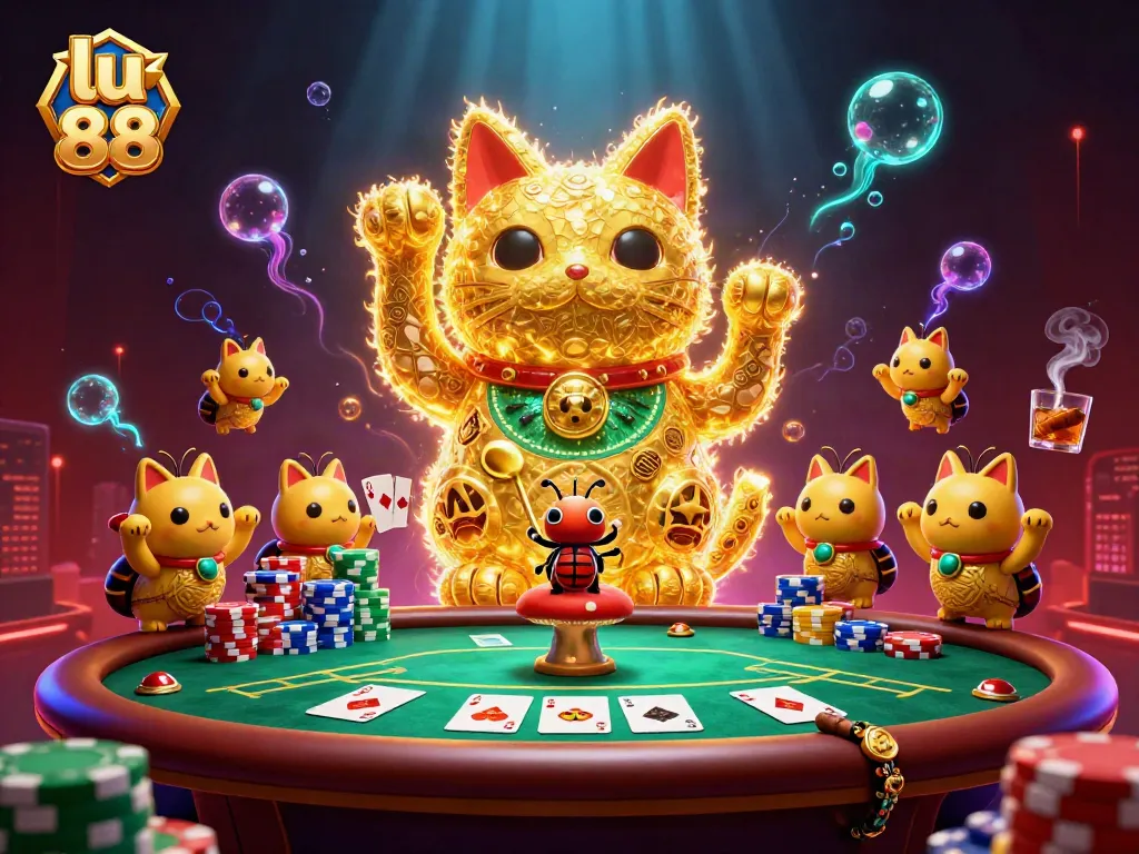 Experience the vibrant world of lu 88 with a dynamic lucky cat and casino symbols in this engaging illustration.