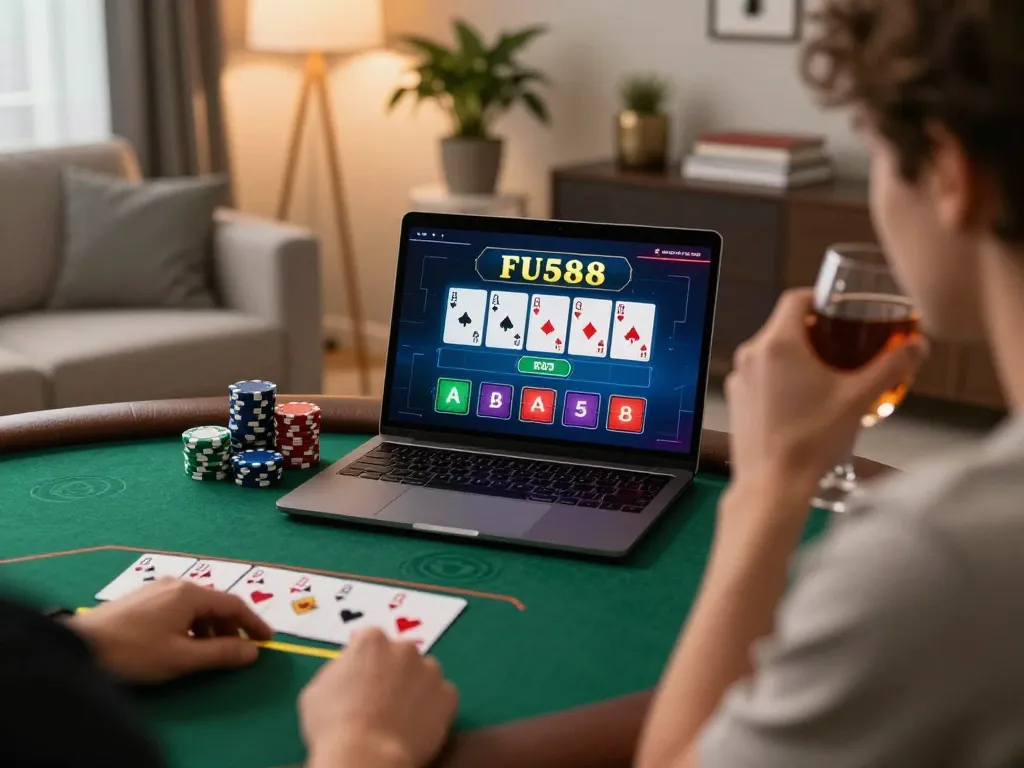 Engaging in online poker with five888 on a laptop in a cozy living room setting.