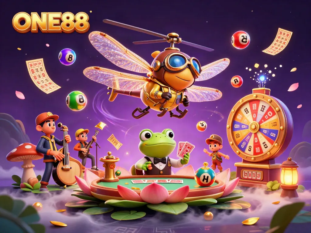 Engage with ONE88's thrilling gaming scene featuring lively characters and vibrant casino elements.