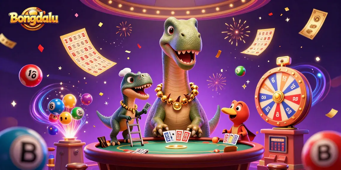 Bongdalu delivers thrilling gaming vibes as a towering brontosaurus overlooks a tiny poker table in a casino scene.