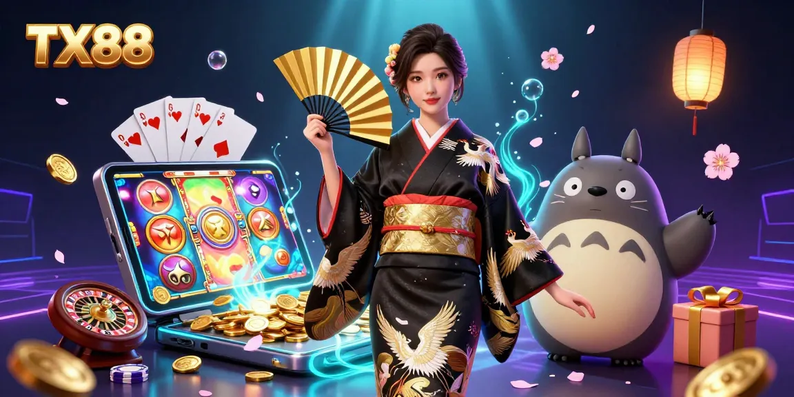 Experience the excitement of TX88 with a vibrant illustration of traditional and modern casino elements.