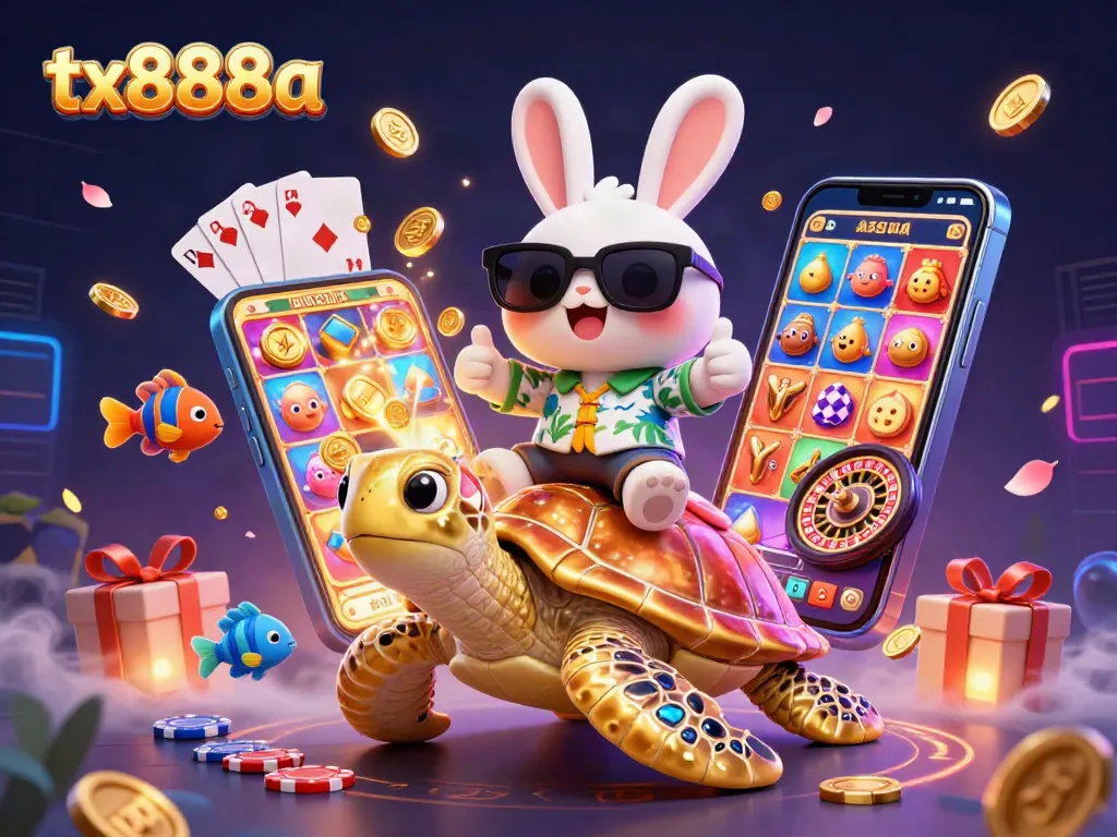 Experience thrilling wins at tx888a with a vibrant 3D illustration of a lucky rabbit and golden turtle.