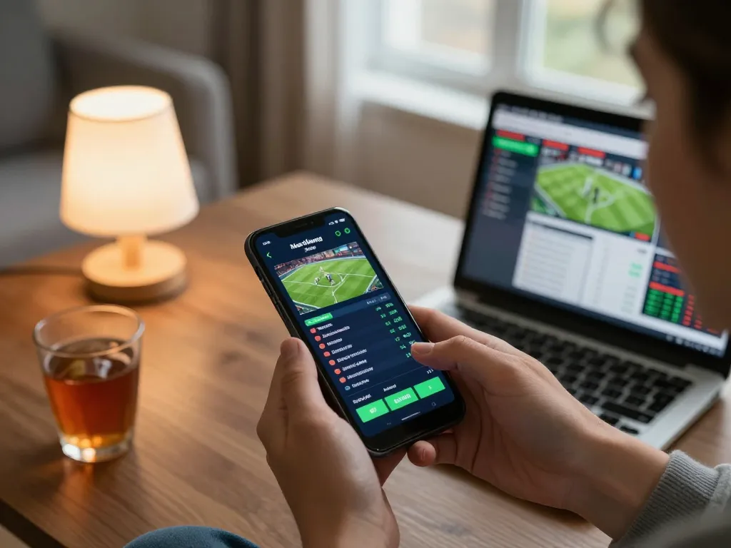 Engaged user checking ph22 betting odds on mobile app during exciting sports event at home.