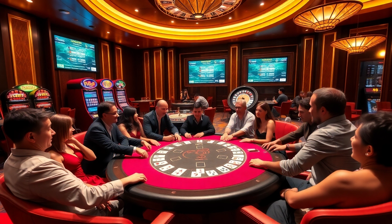 Excited players gaming at 888new's poker table in a lively casino environment.