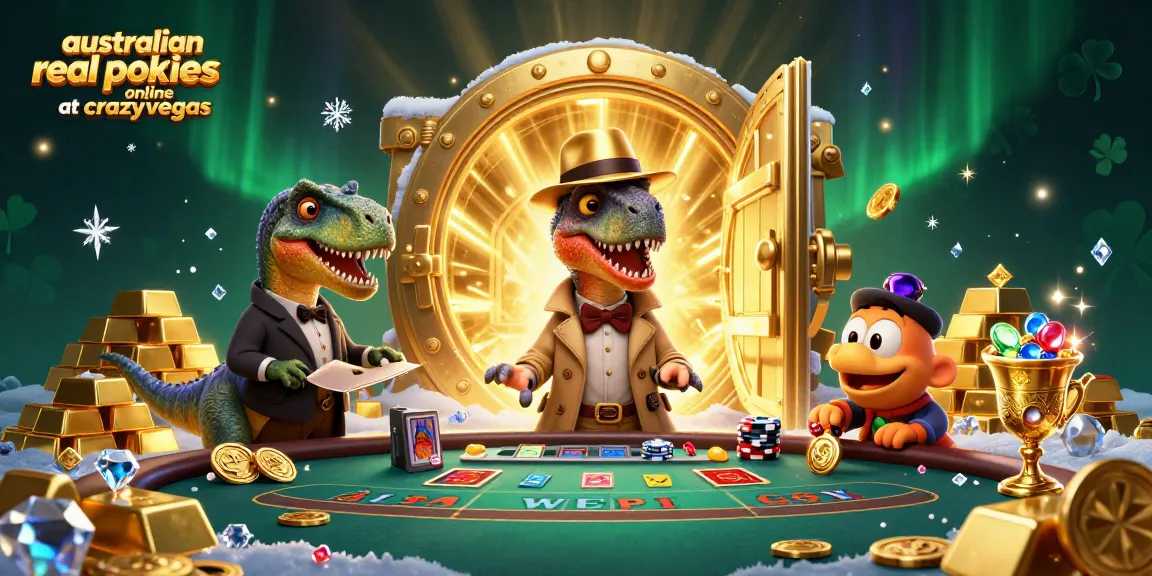 Experience the thrill of australian real pokies online at crazyvegas with vibrant casino characters amid gold and gems.