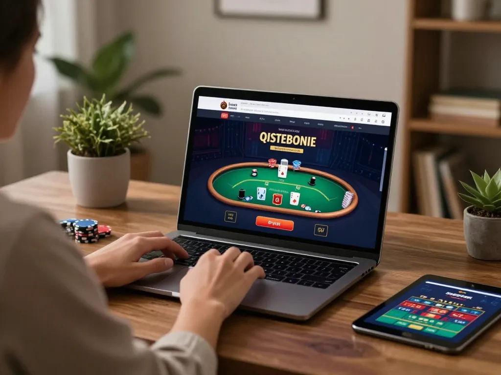 KJC user engaged in poker gameplay on a laptop, showcasing interactive live dealer gaming.