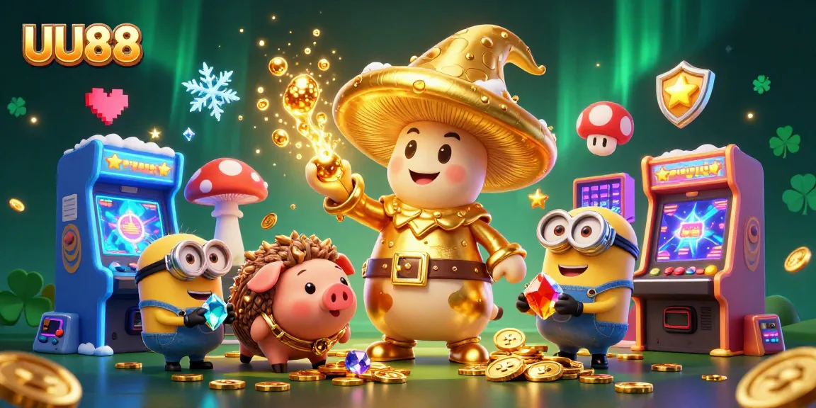 Experience thrilling gameplay at UU88 with an enchanting mushroom wizard amidst vibrant arcade elements.