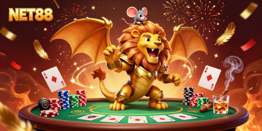 Experience exciting gameplay with NET88's golden chimera and poker elements in this vibrant casino scene.