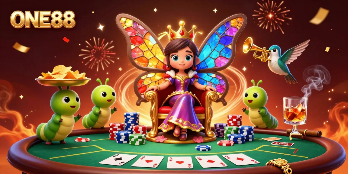 Experience the vibrant action of ONE88 with the butterfly queen and poker elements in a dynamic casino scene.