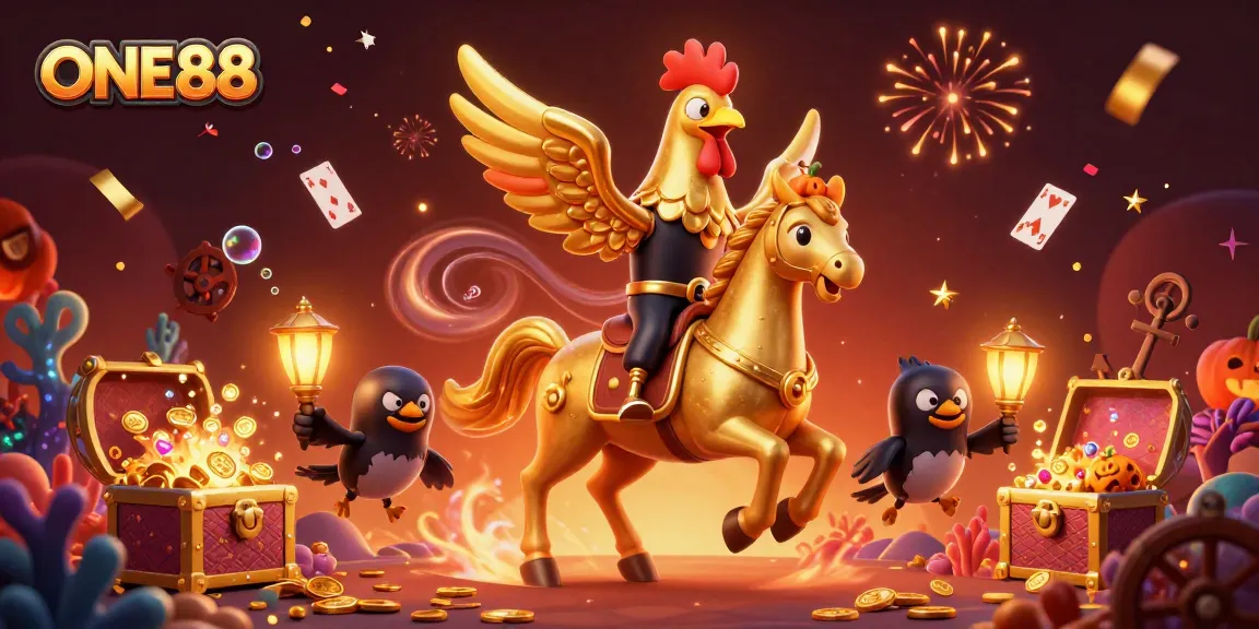 ONE88's vibrant casino scene unfolds with a golden rooster and its mystical companions.