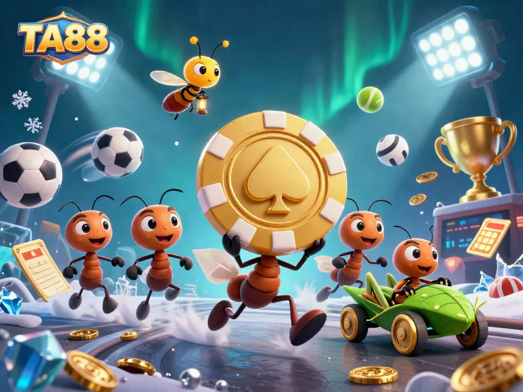 Experience excitement at TA88 with a whimsical heist scene, showcasing animated ants and golden poker chips in a dynamic gambling atmosphere.