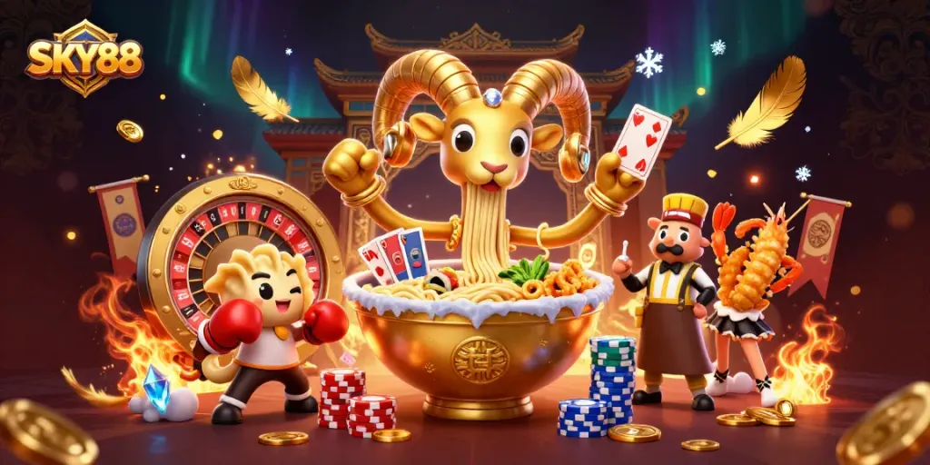Engage in thrilling gameplay at SKY88 with 3D characters and dynamic casino elements in a vibrant atmosphere.