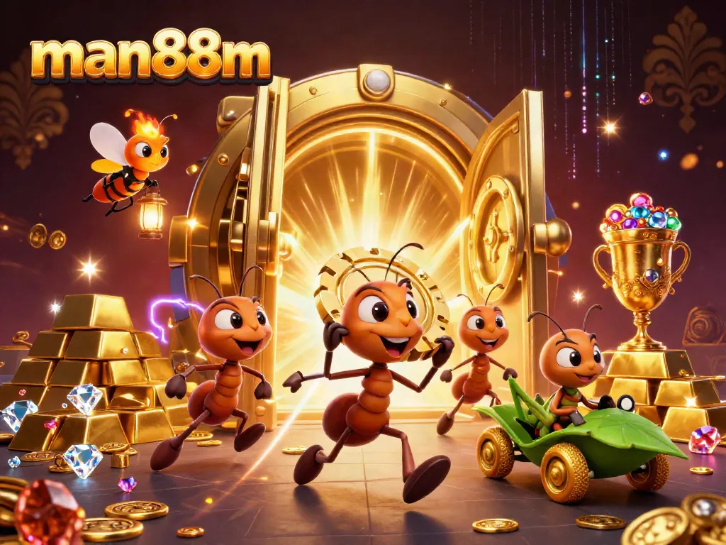 Watch man88m's heist unfold as cartoon ants carry a giant golden poker chip amidst dazzling treasures and bright effects.
