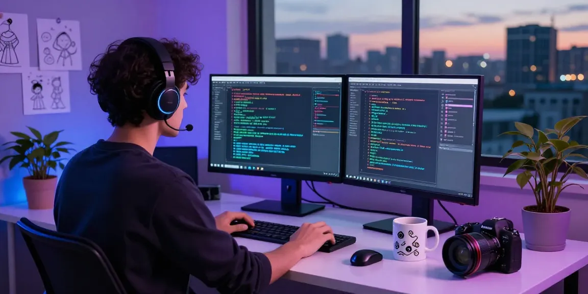 Engaging developer programming NSFW character AI in a modern workspace, showcasing innovative tech and creative design elements.