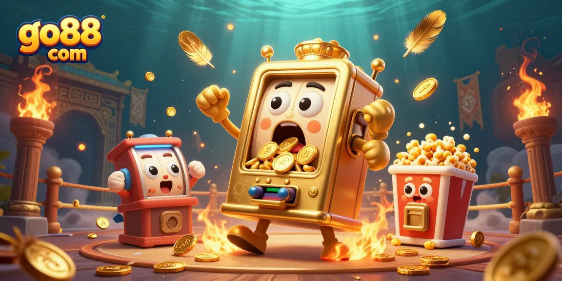 Experience exciting wins with go88 com as the slot machine hits the jackpot, surrounded by cheering characters.