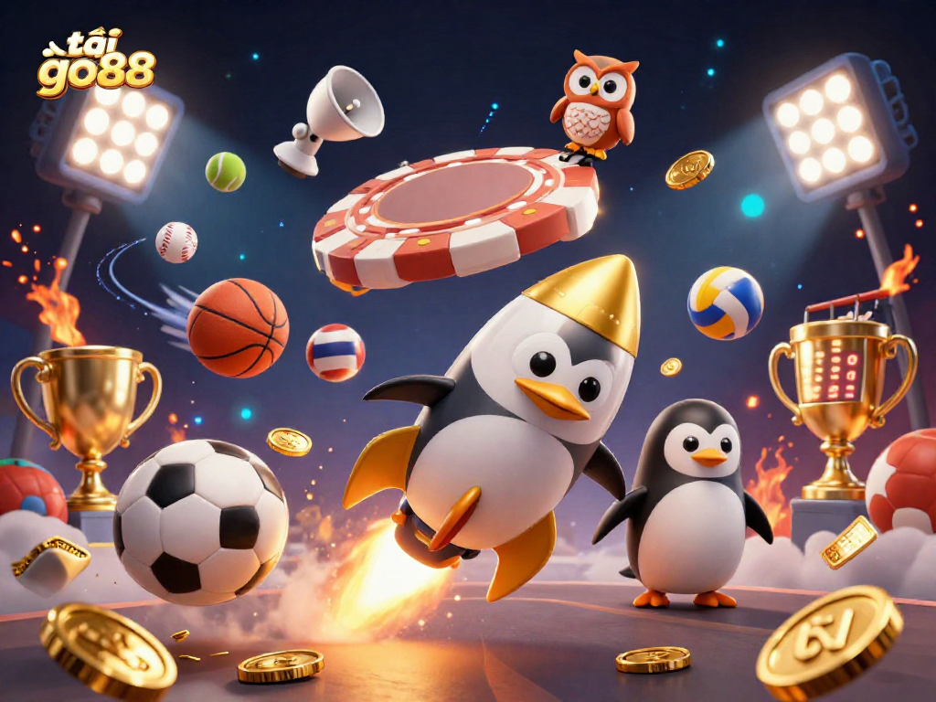 Experience the excitement of tải go88 with golden penguins and casino elements in 3D action.