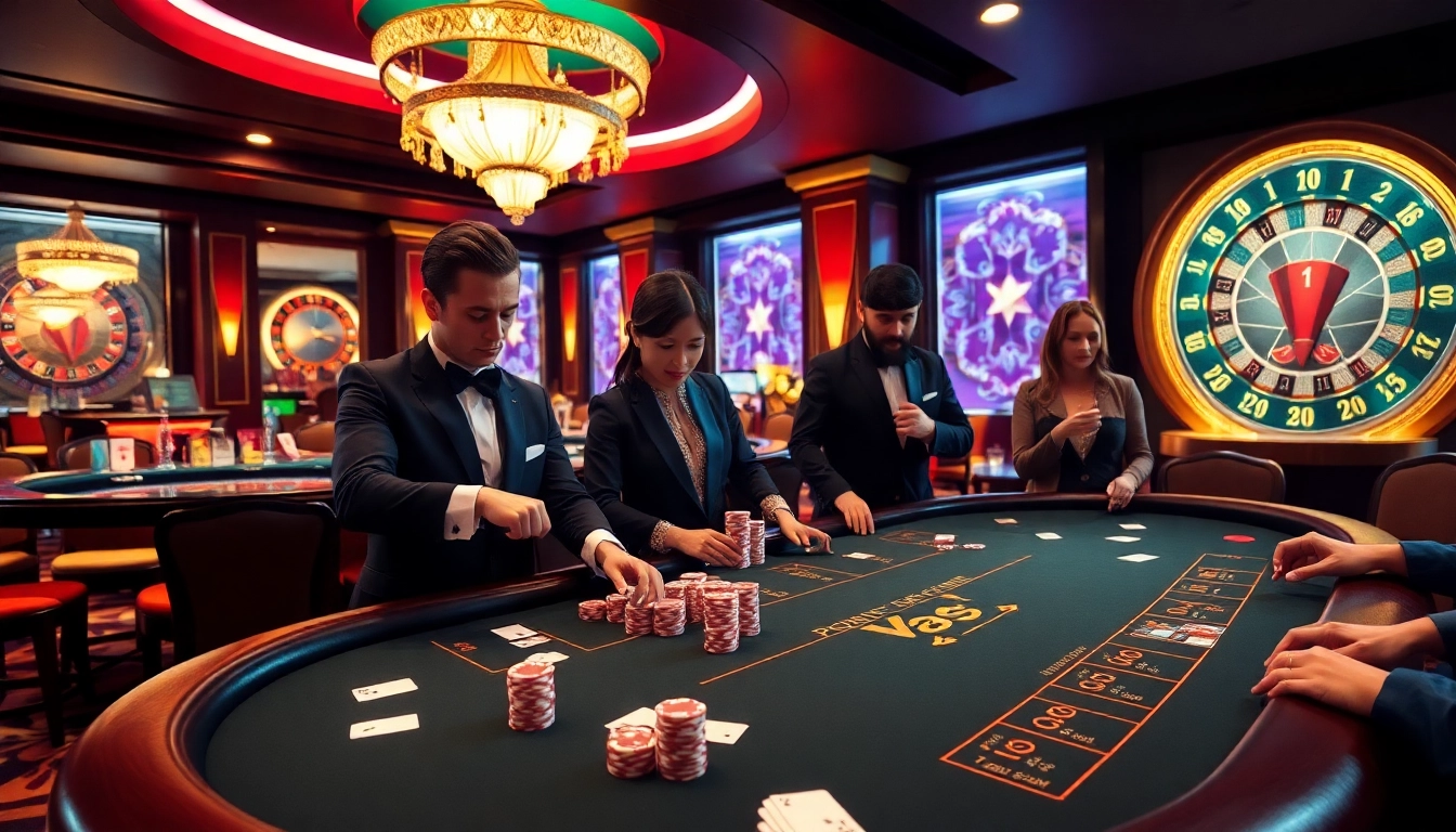 Players enjoying blackjack at https://vaobet.co.bz/ with vibrant casino decorations and professional dealers.
