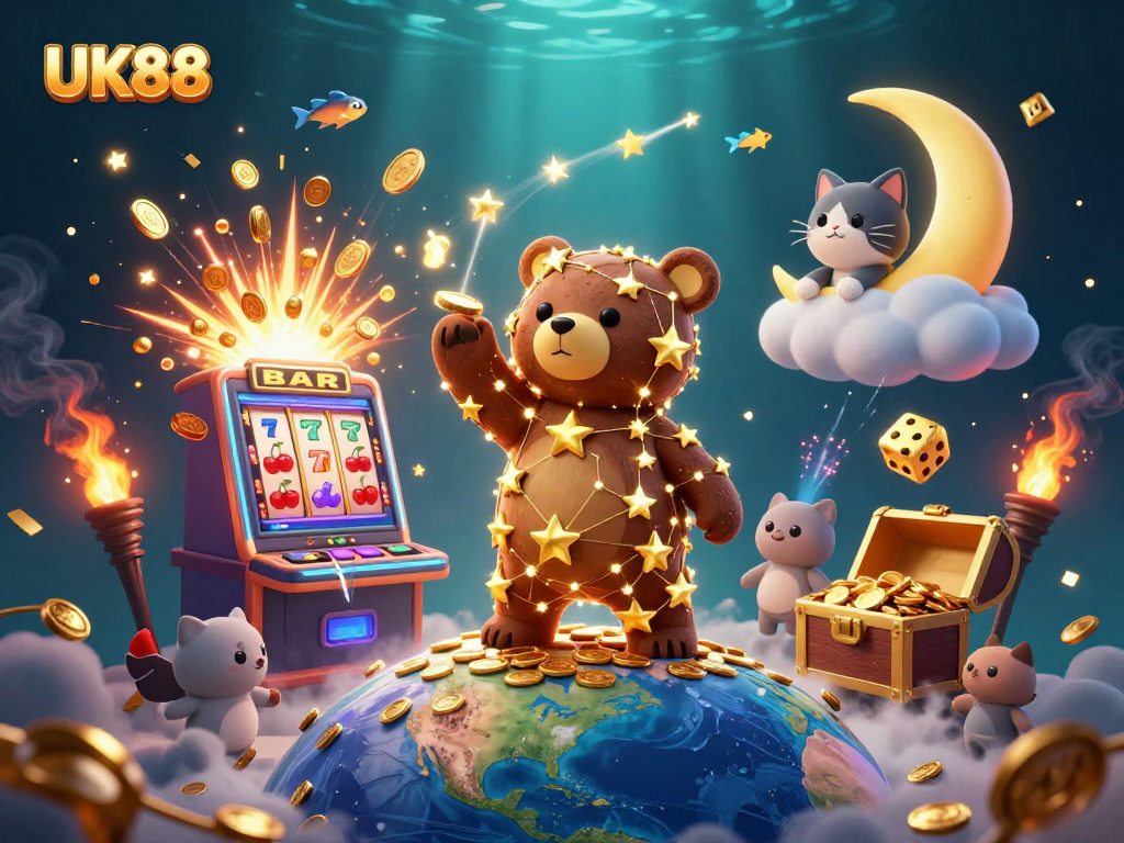 Experience thrilling wins with UK88 as the constellation bear collects coins amid a jackpot explosion