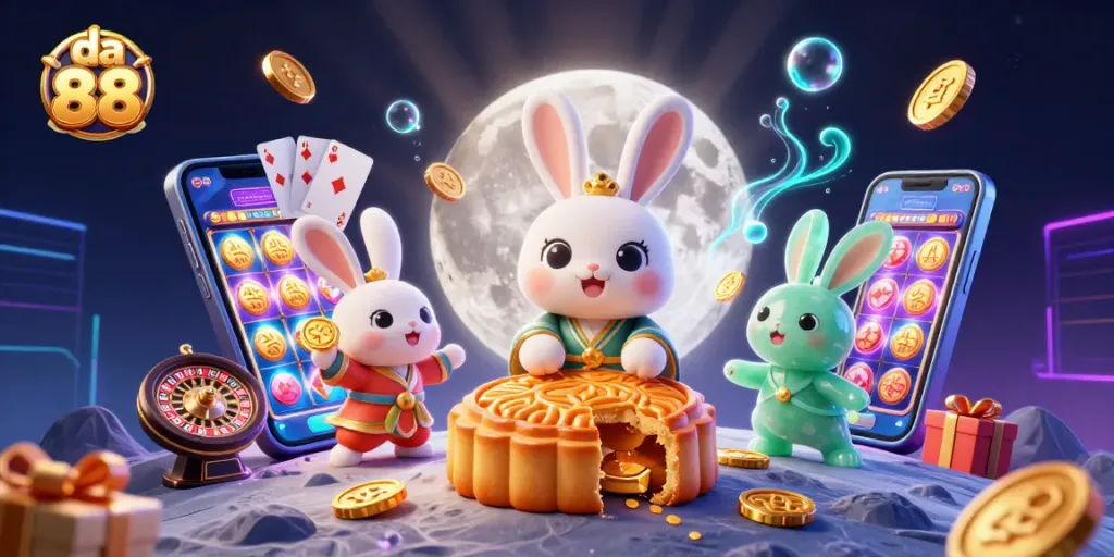 Experience thrilling gaming excitement at da 88 with a vibrant illustration featuring a moon rabbit and casino elements.