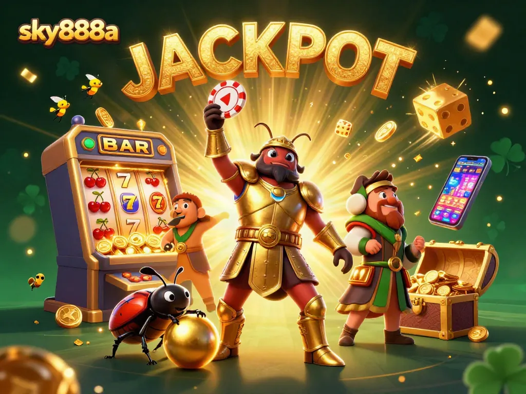 Immerse in sky888a's casino excitement with a victorious beetle champion and jackpot elements!