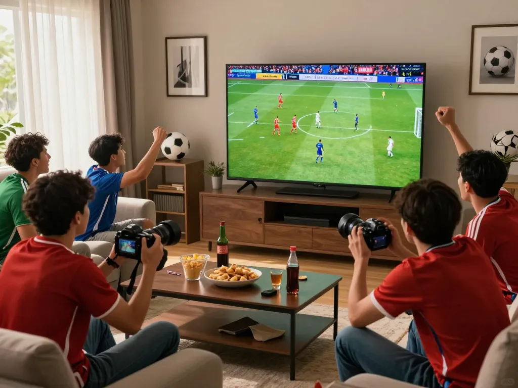 Fans enjoying a live luong son tv soccer match at home, displaying excitement and camaraderie.