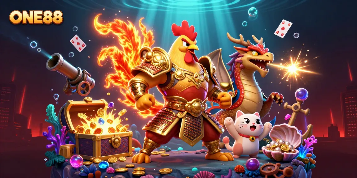 Experience thrilling luck with ONE88's vibrant casino adventure illustration, featuring unique gaming elements.