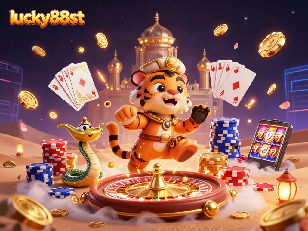 Experience exciting games at lucky88st with a vibrant casino scene featuring a tiger sultan and gold treasures.