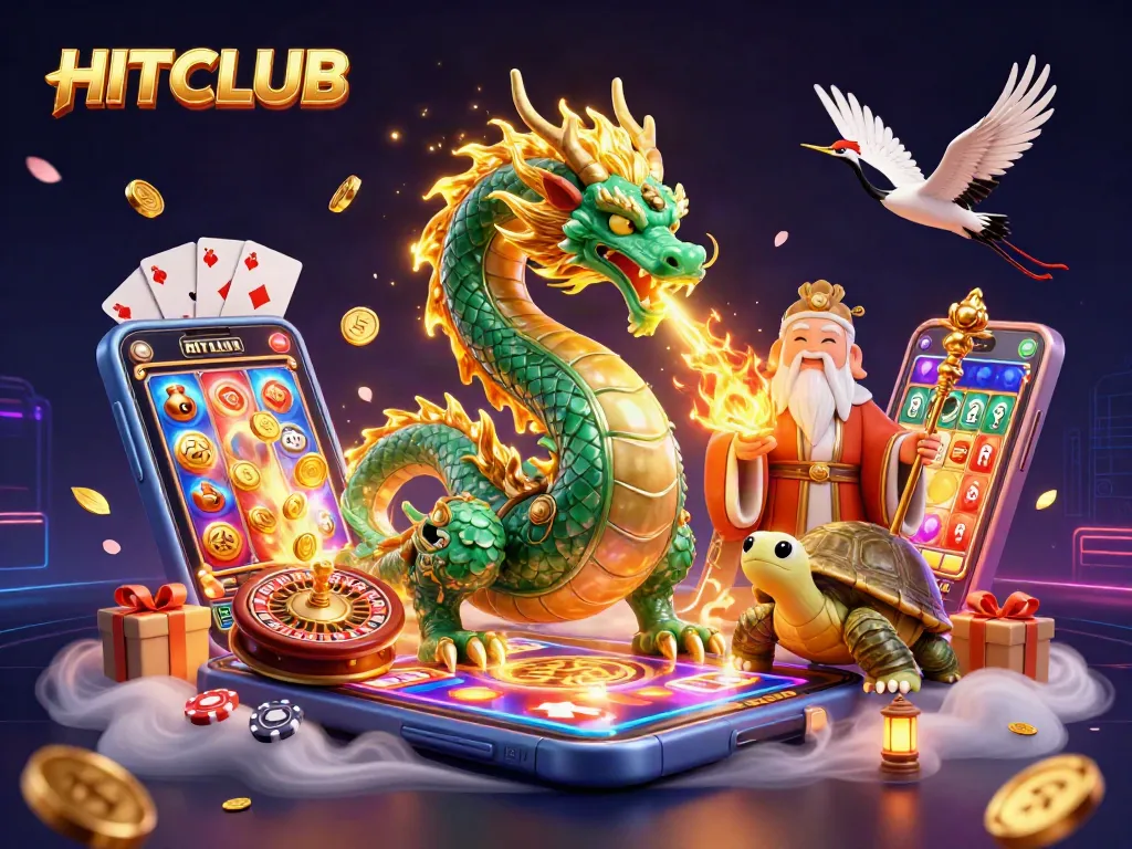 Play games at HITCLUB, featuring a dragon and lucky characters amid vibrant casino elements and golden rewards.