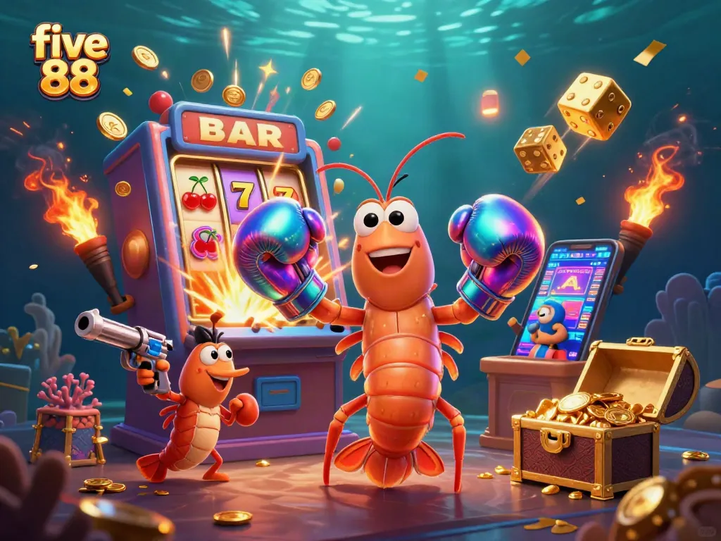 Experience the excitement of five 88's jackpots with vibrant casino elements and lively underwater characters.