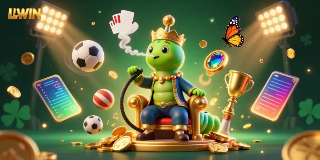 LLWIN showcases thrilling gameplay with a dynamic 3D scene of a caterpillar hookah-master, creating poker symbols amid vibrant casino elements.