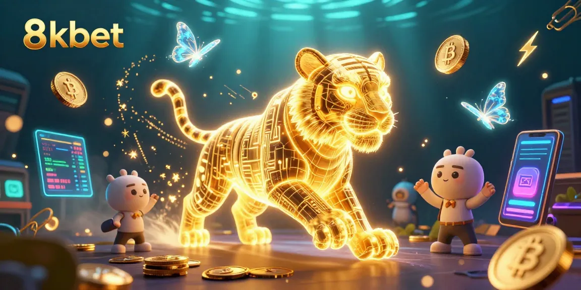Players immerse in the vibrant 8kbet digital casino landscape, featuring a neon tiger amidst crypto elements