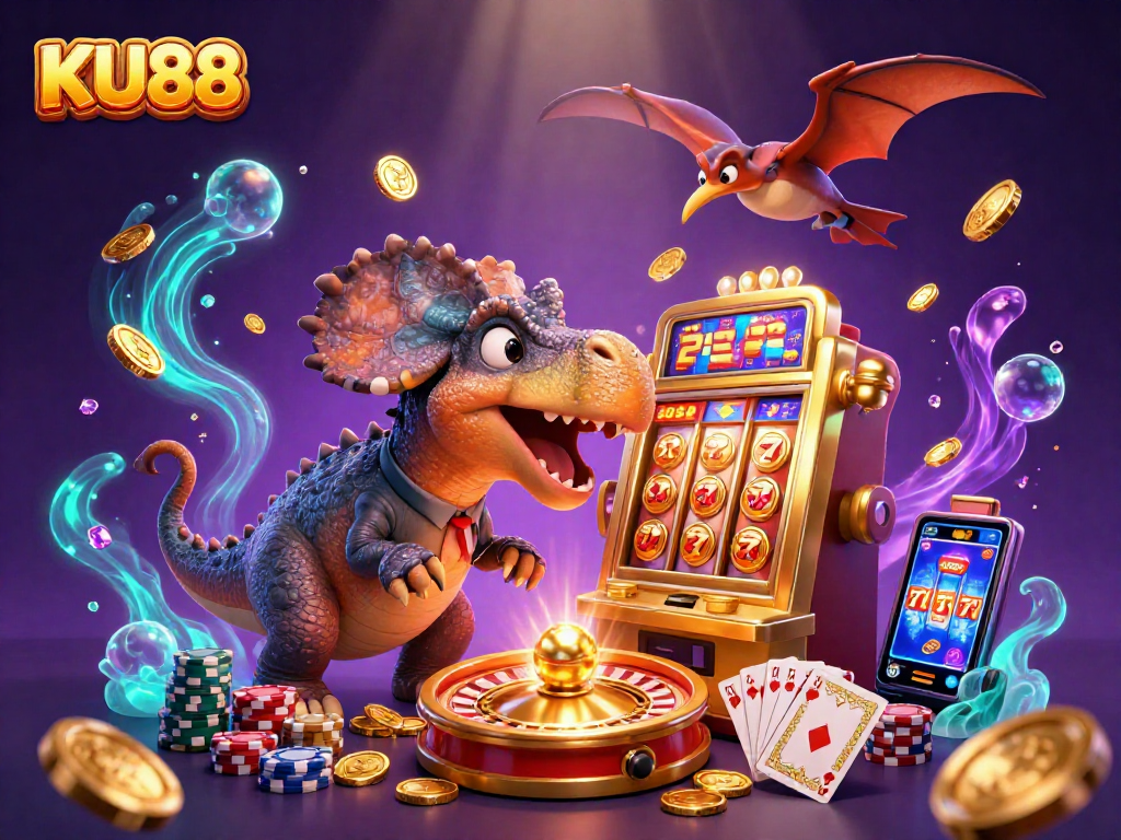 KU88 illustrates a dynamic casino scene with dinosaurs amidst cascading coins and winning spins.