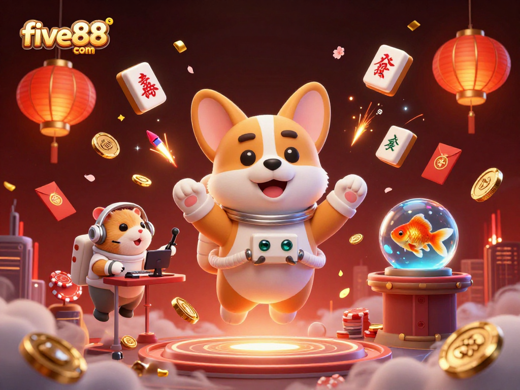 Experience excitement at five88 com with a vibrant casino scene showcasing a 3D astronaut corgi amidst floating riches.